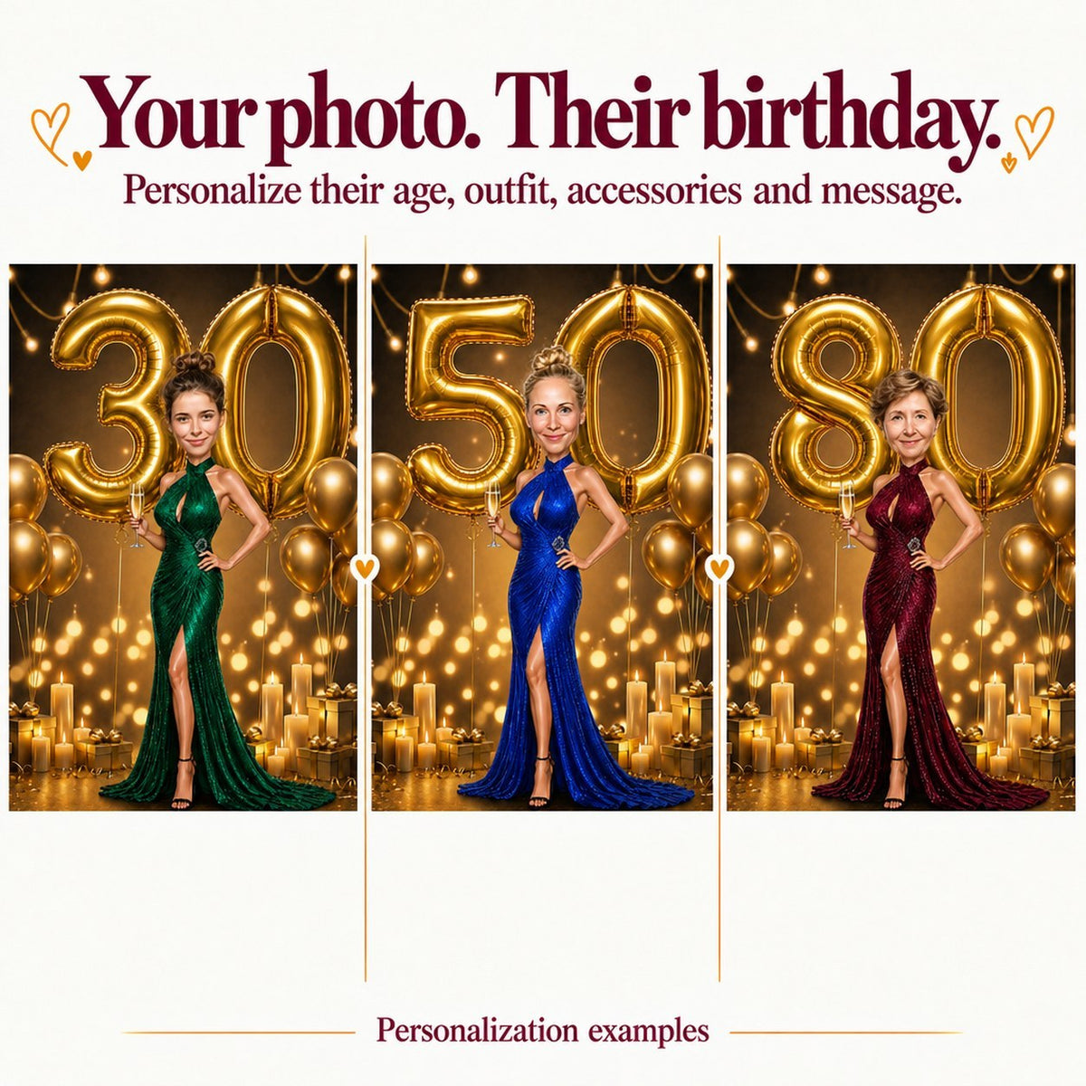 Three personalized versions with different faces and ages 30, 50, and 80 in gala scene.