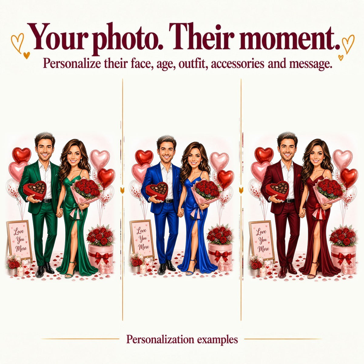 Three couples with different faces and outfit colors in the same Valentine scene.