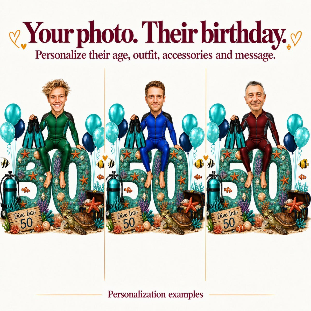 Three scuba caricatures with different faces and ages 30, 50, and 80 displayed.