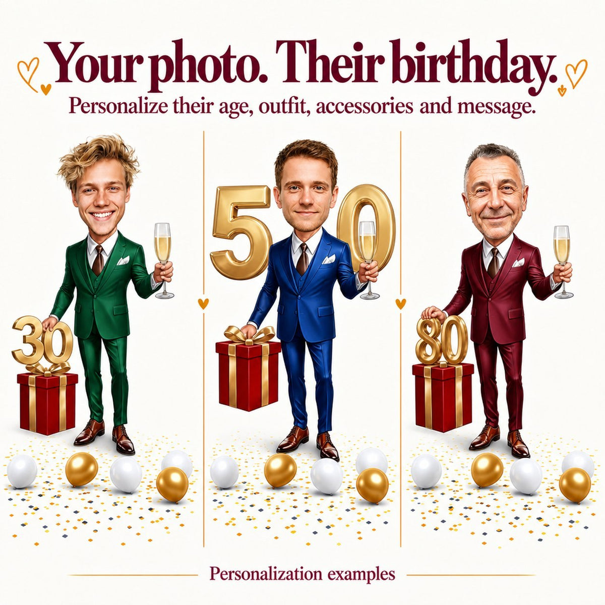 Three personalized versions with different faces and ages 30, 50, and 80