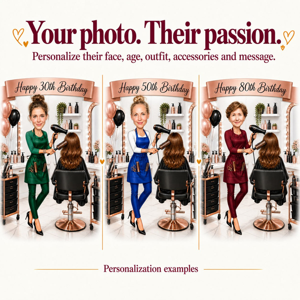 Three personalized salon caricatures with faces aged 30, 50 and 80 years