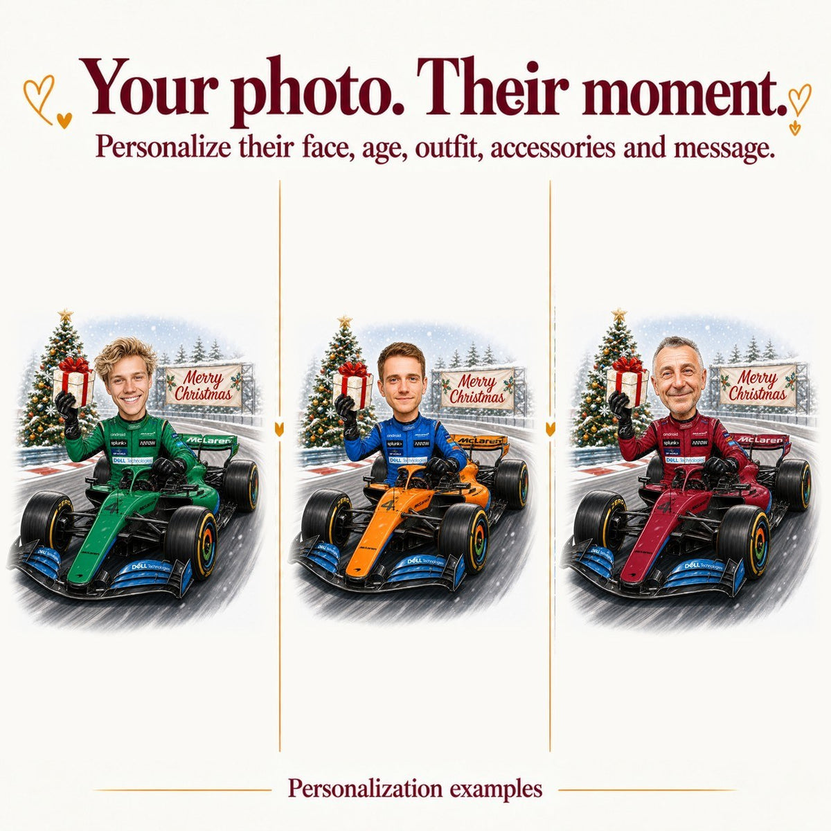 Three personalized versions with different faces and custom suit colors red, blue, and green.