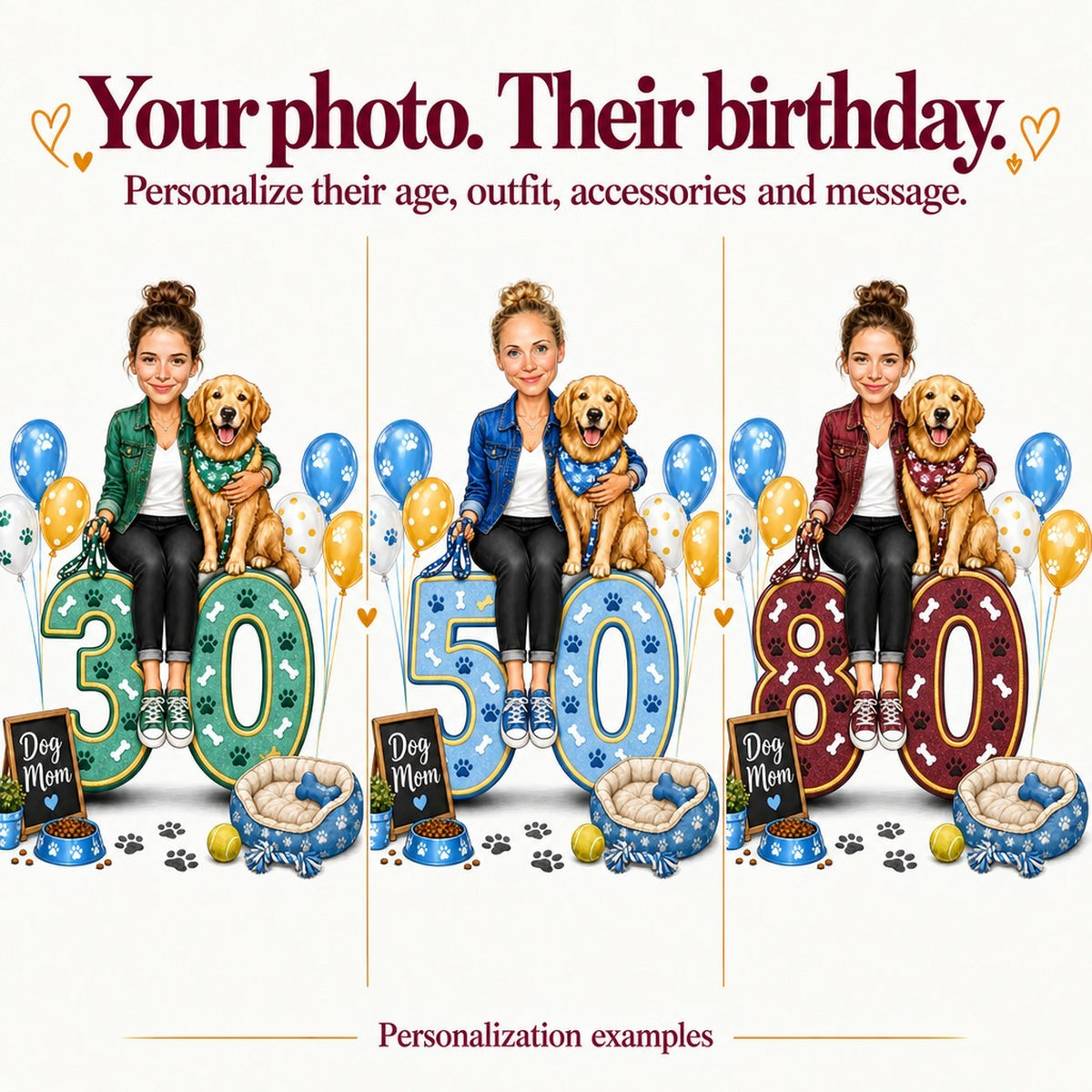 Three personalized versions with different faces and ages 30, 50 and 80.