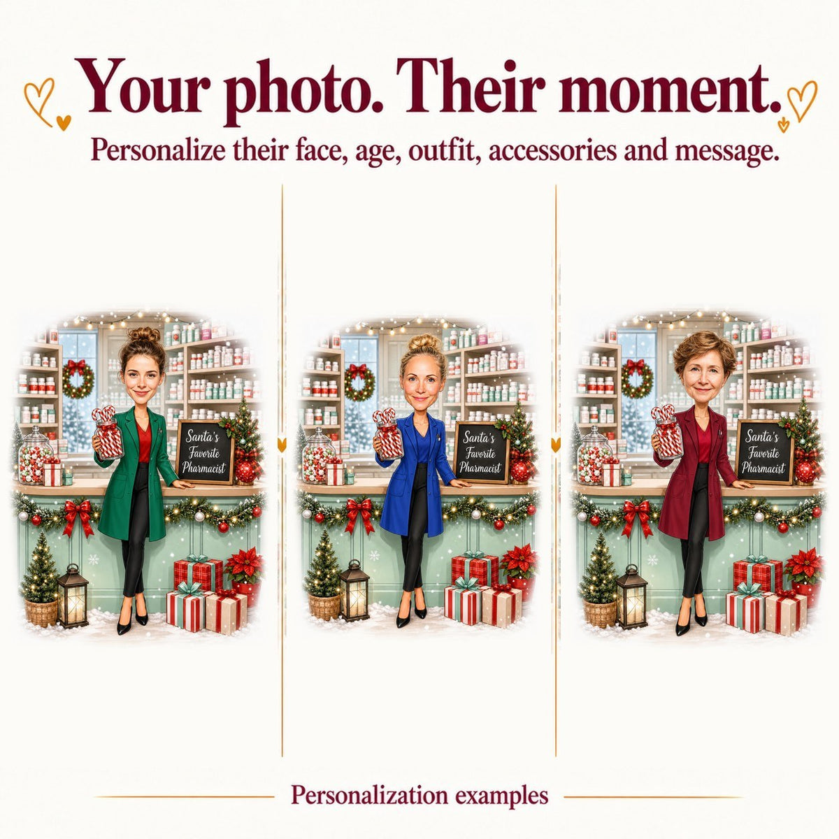 Three personalized pharmacist Christmas caricatures with different faces and outfit colors in the same scene.