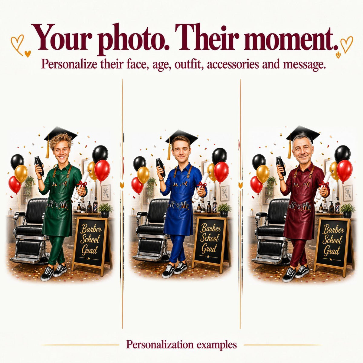 Three barber grad caricatures with different faces and apron colors, custom text on sign.