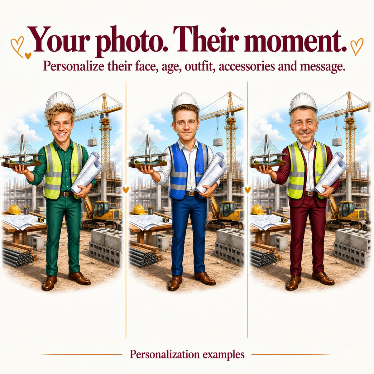 Three custom engineer caricatures with different faces, vest colors, and backgrounds.