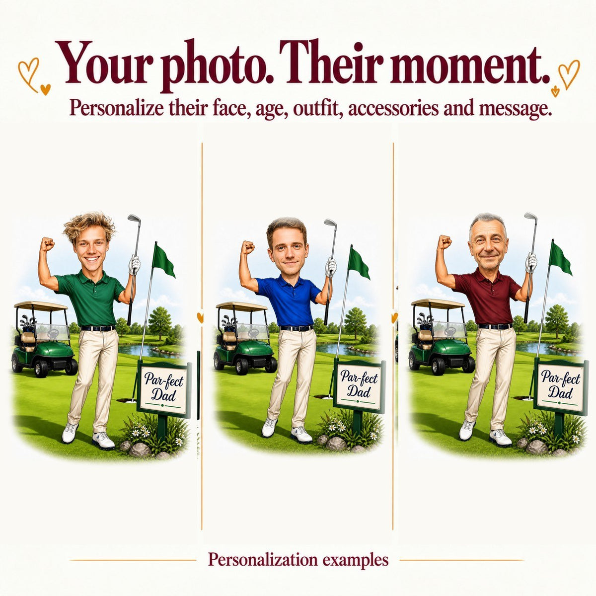 Three personalized golf dad caricatures with different faces, polo colors, and skin tones.