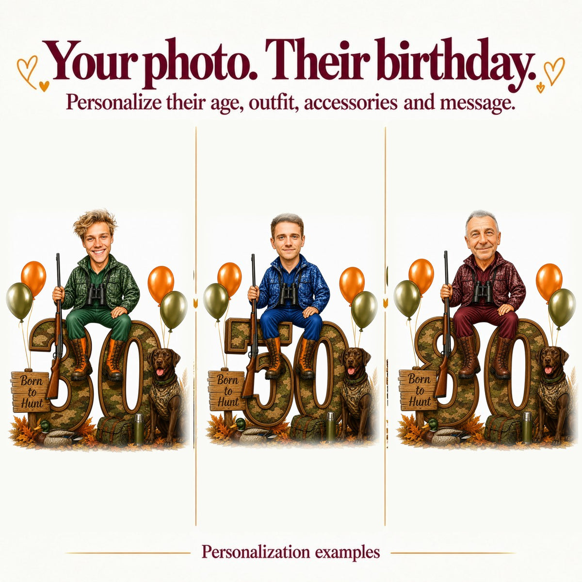Three personalized hunter caricatures with different faces and ages 30, 50, and 80.