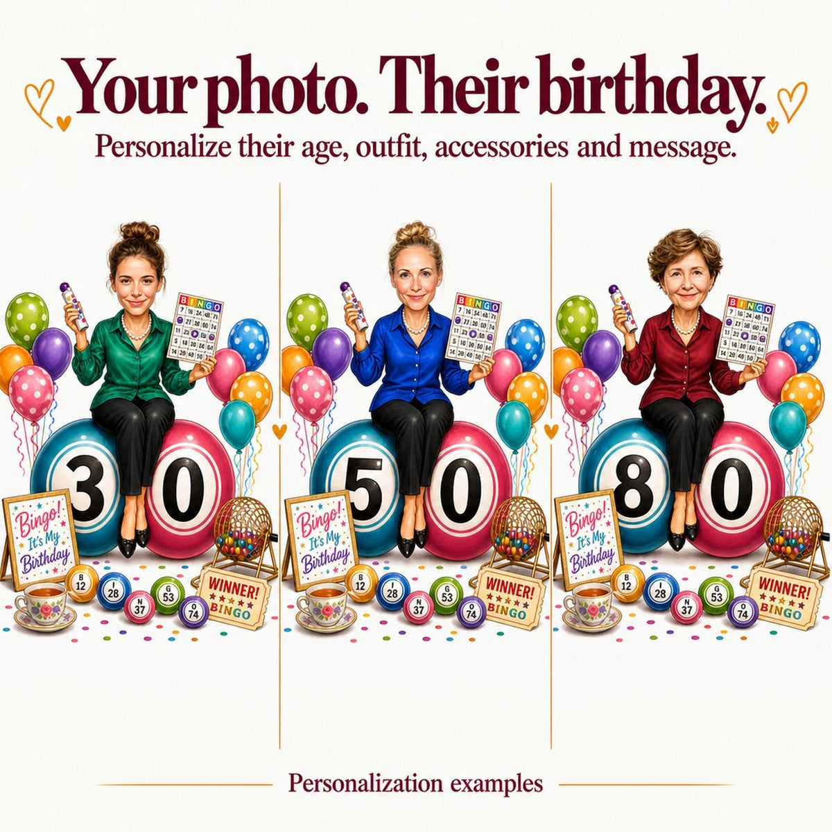 Three personalized bingo portraits with different faces, ages 30, 50, and 80.