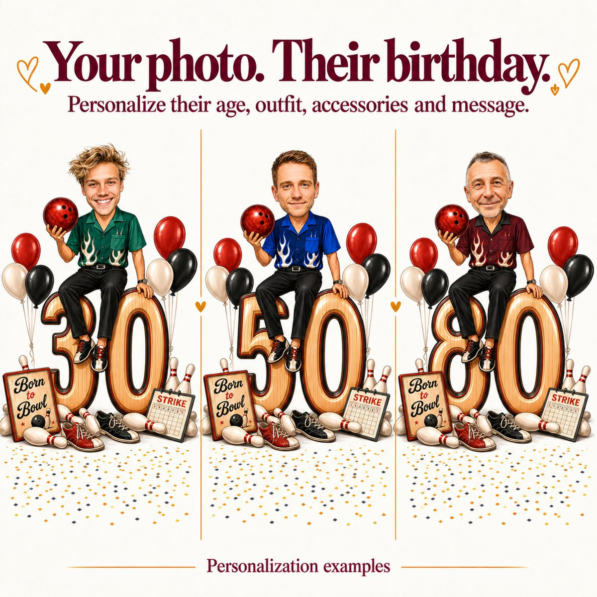 Three examples with different faces seated on ages 30, 50, and 80 holding bowling ball.