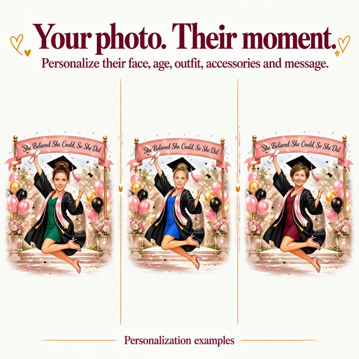 Three personalized graduates with different faces, gown colors, and custom banner messages
