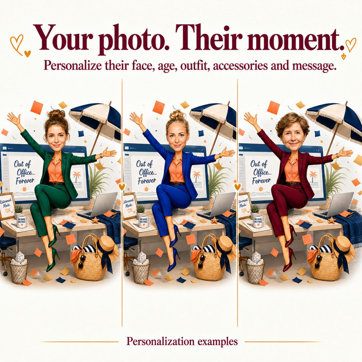 Three examples with different female faces and outfit colors in the same office scene