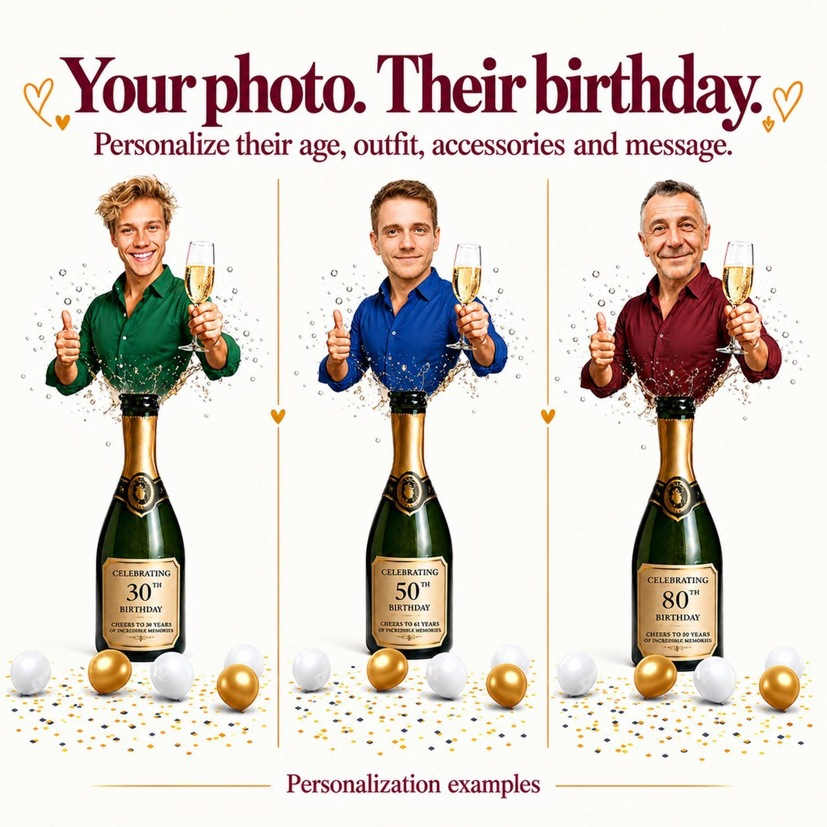 Three caricatures with different faces and ages 30, 50 and 80 on champagne label