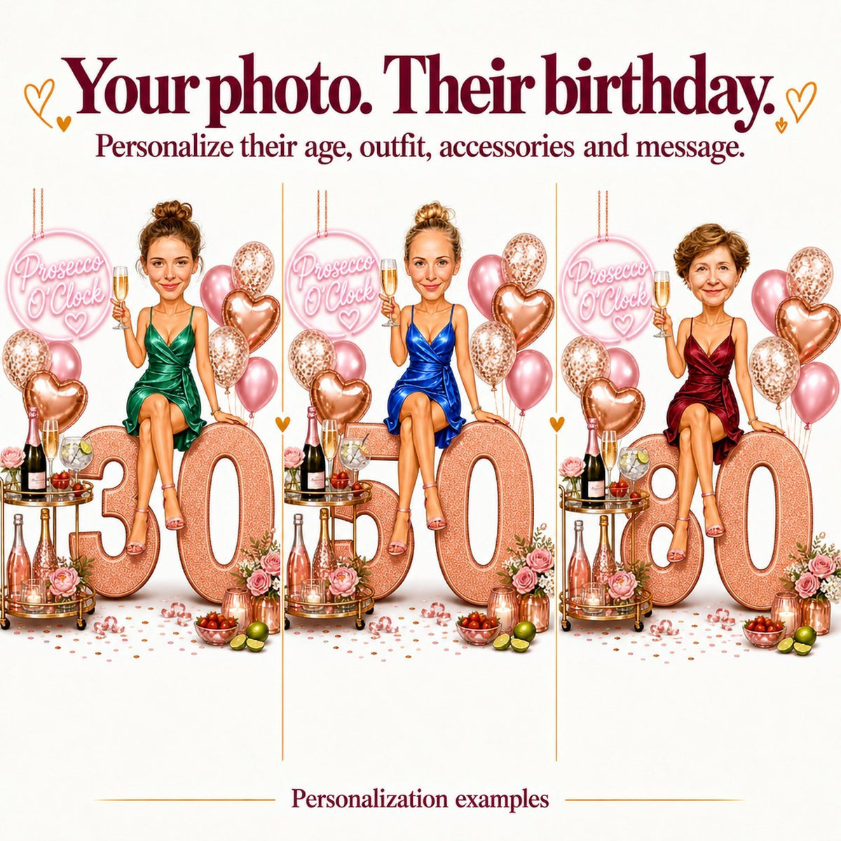Three personalized versions with different faces at ages 30, 50 and 80.