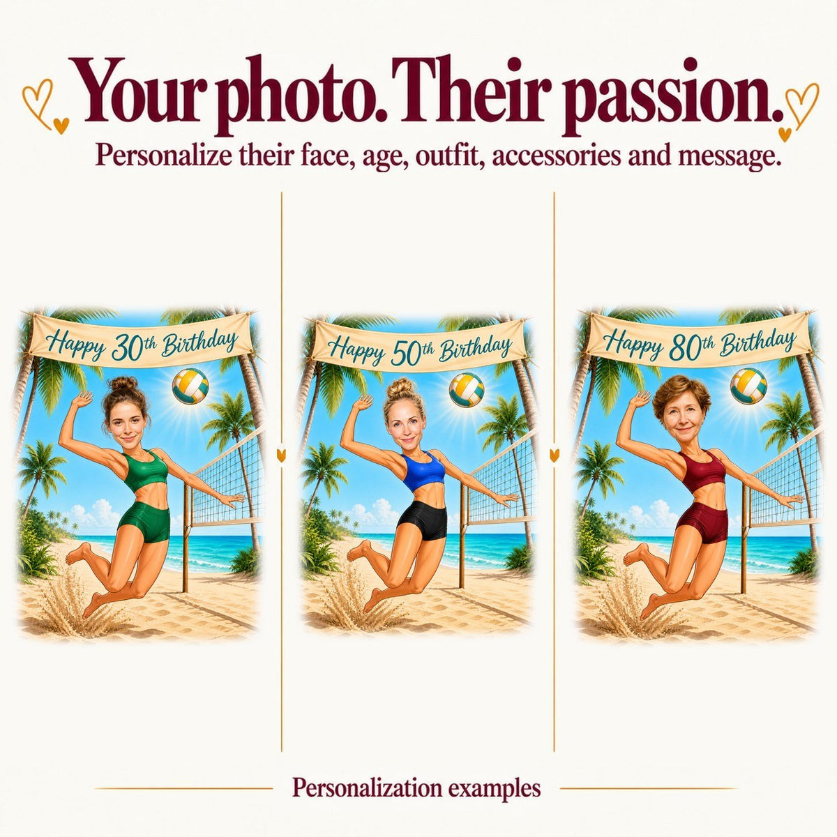 Three personalized volleyball caricatures with different faces, ages 30, 50 and 80