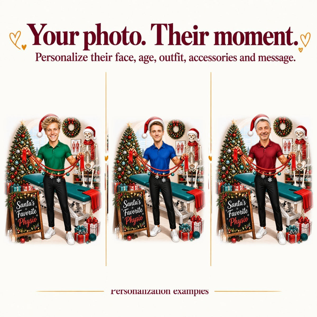 Three personalized physio Christmas caricatures with different faces and polo colors.