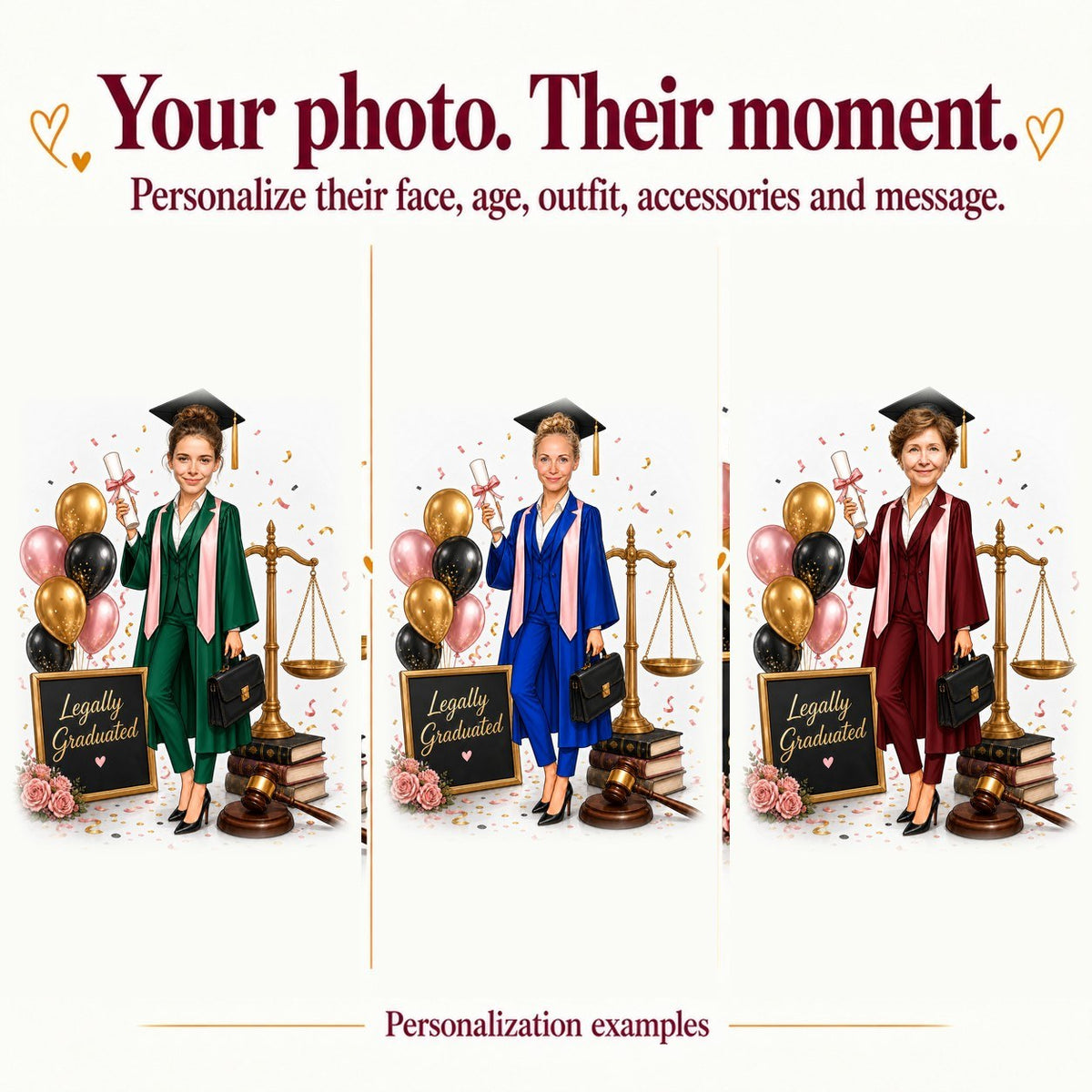 Three personalized law graduate caricatures with different faces, gown colors, and backgrounds.