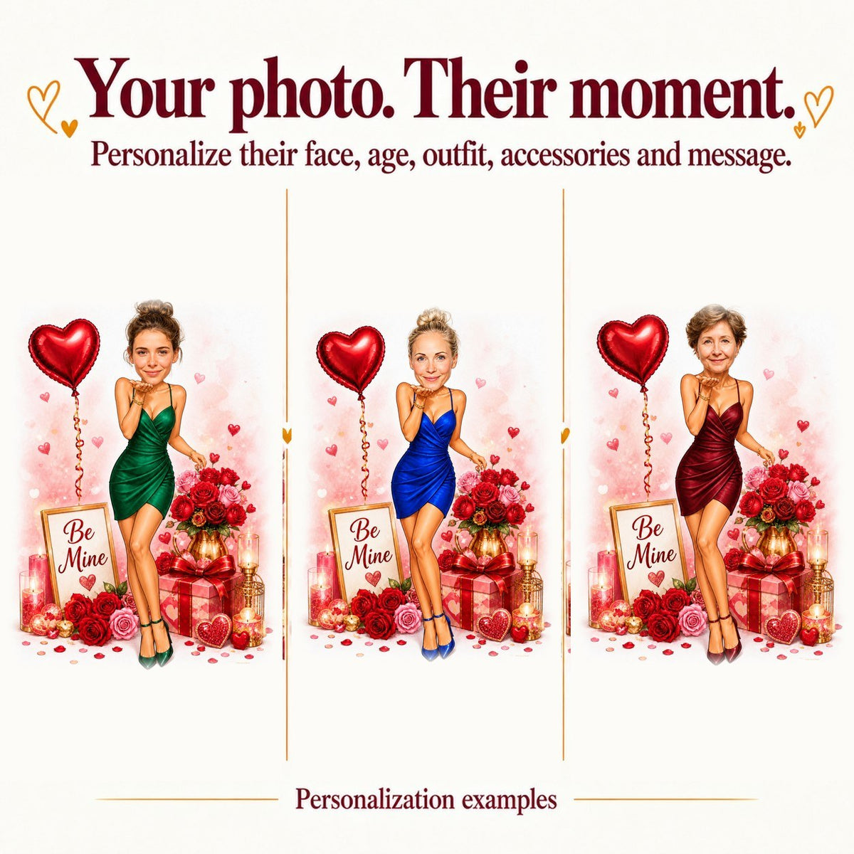 Three personalized women faces with red, pink, and black dresses in Be Mine scene.