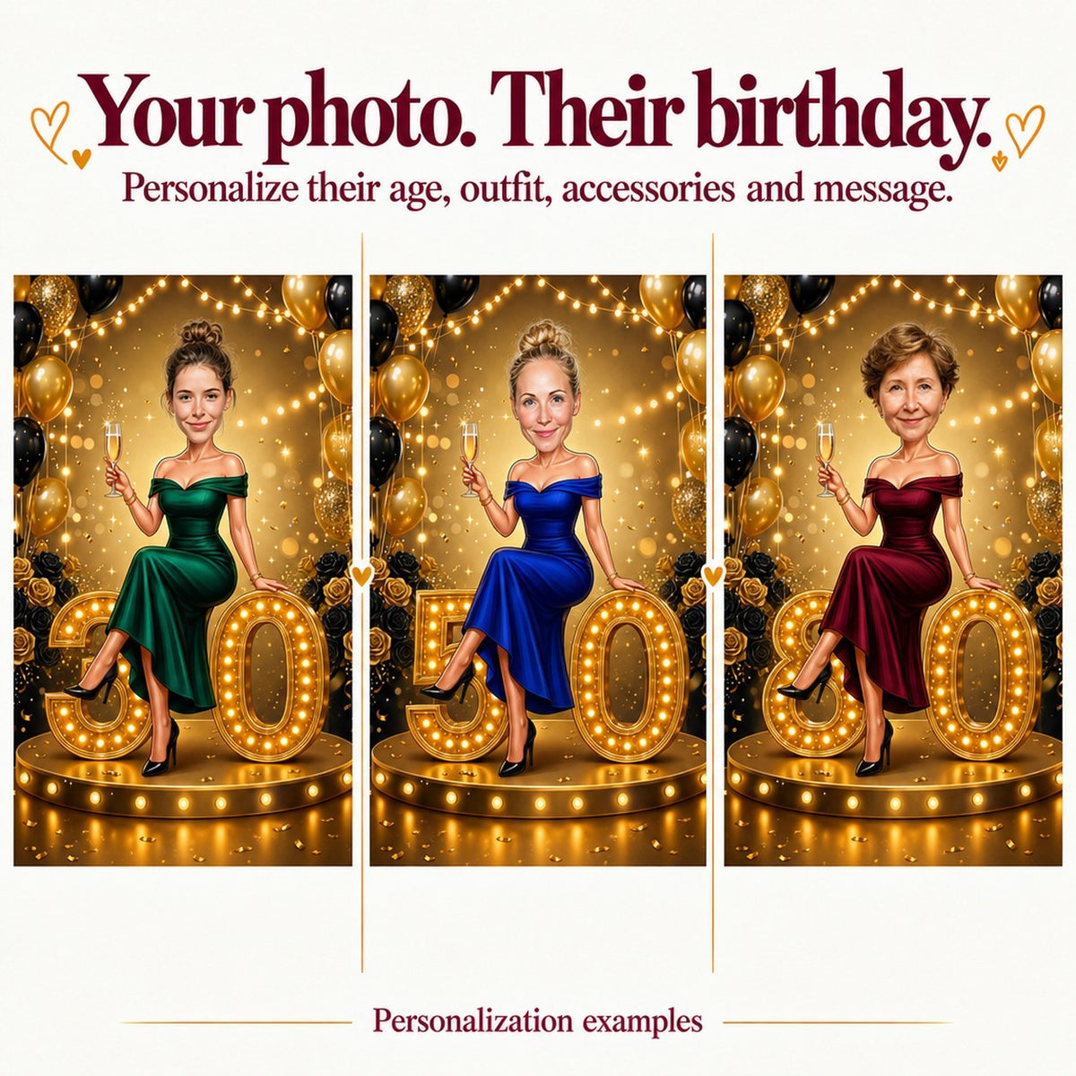 Three customized portraits with different women’s faces and marquee ages 30, 50, and 80 shown.