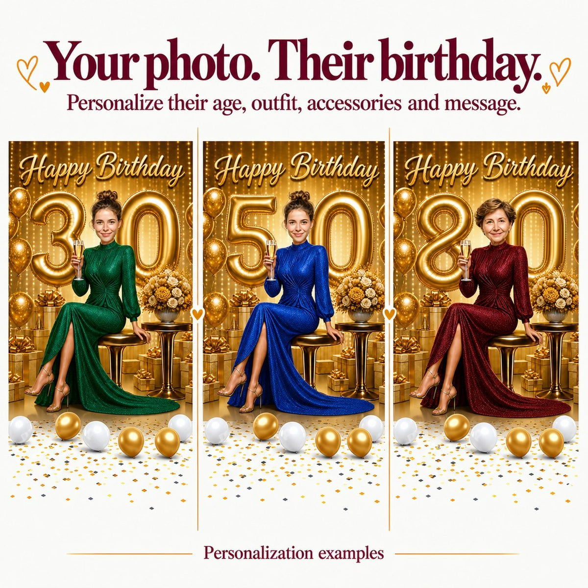 Three different women personalized at ages 30, 50, and 80 with golden numbers.
