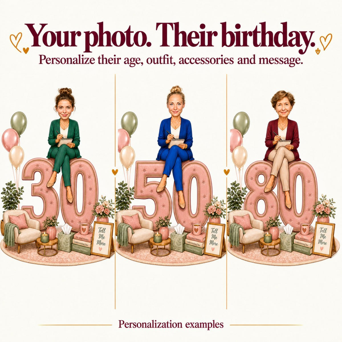 Three personalized psychologist caricatures with different faces and ages 30, 50, and 80.