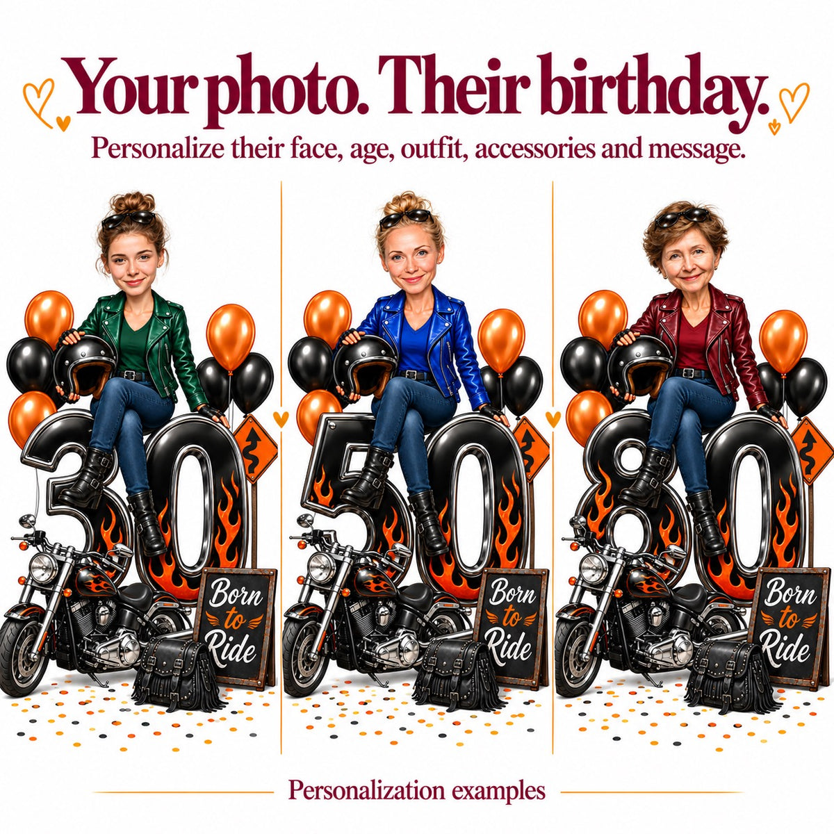 Three biker caricatures with different faces, ages 30, 50, and 80 on numbers.