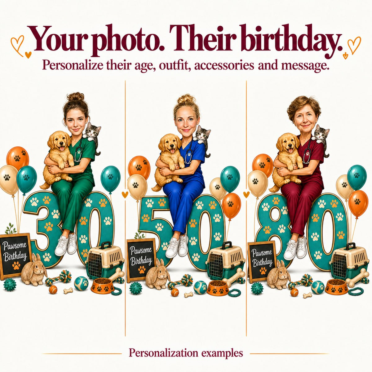 Three custom vet caricatures with different faces and ages 30, 50, 80