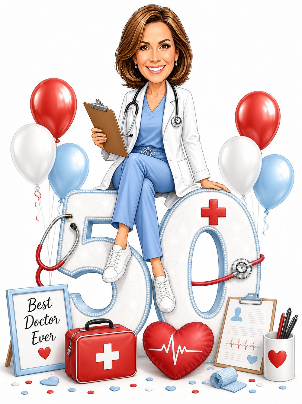 Female doctor in blue scrubs sits on giant age number with balloons and stethoscope