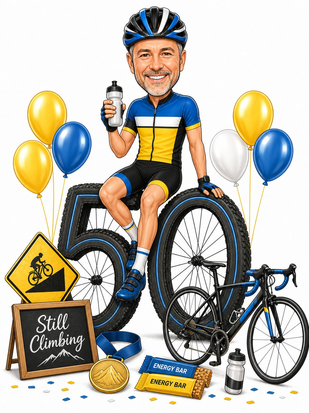 Male cyclist sitting on giant age number made of tires, with road bike and balloons.