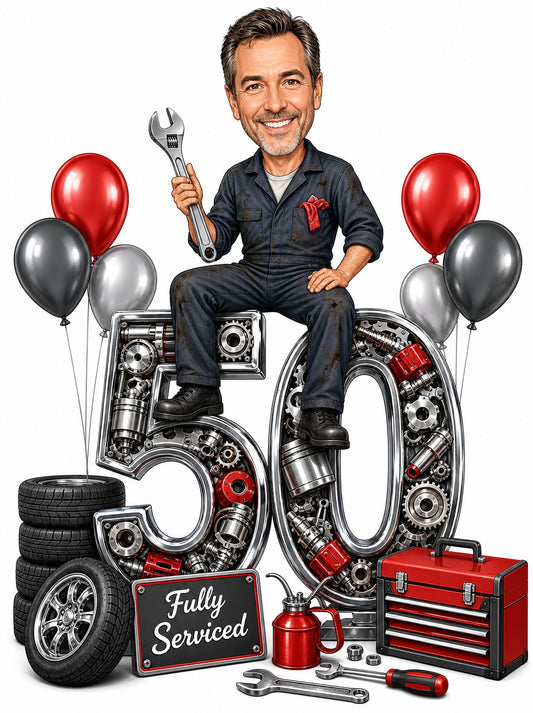 Mechanic birthday caricature with giant age number, wrench, tires, red toolbox and balloons.