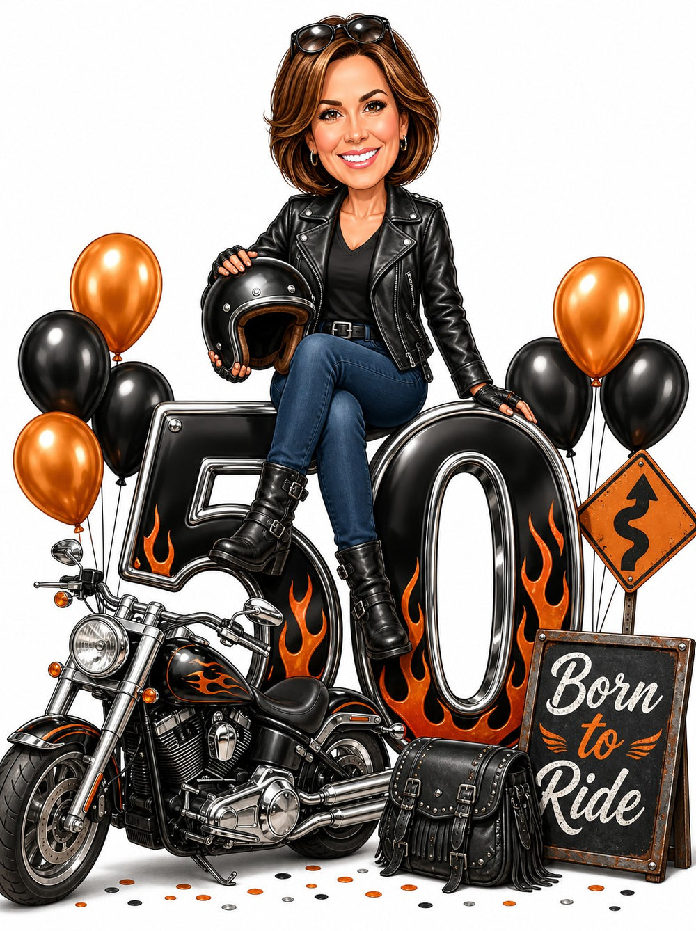Biker woman on flaming 50 with motorcycle, helmet, balloons, Born to Ride sign.