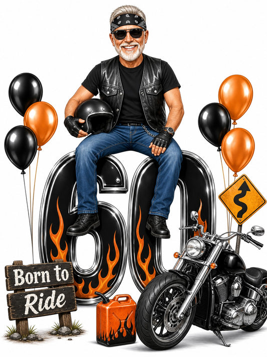 Biker sits on flaming age number with motorcycle and Born to Ride sign.