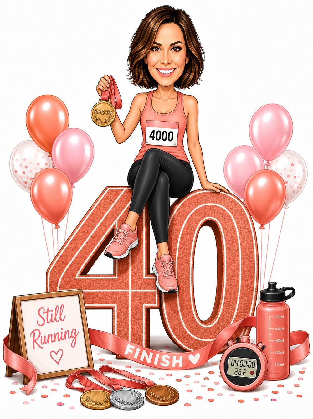 Woman runner on giant 40 with medal, bib 4000, finish ribbon and balloons.