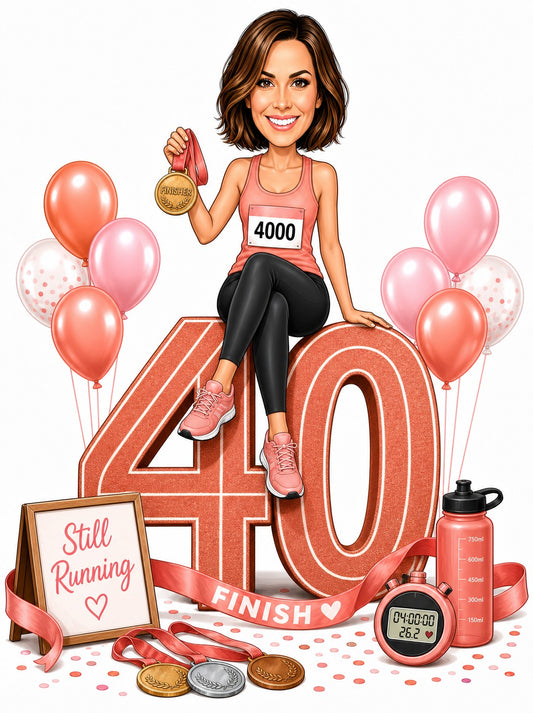 Woman runner on giant 40 with medal, bib 4000, finish ribbon and balloons.
