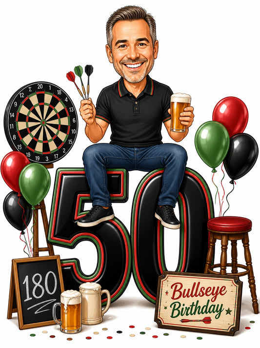 Man sitting on giant 50 with darts, dartboard, balloons and beer mugs.