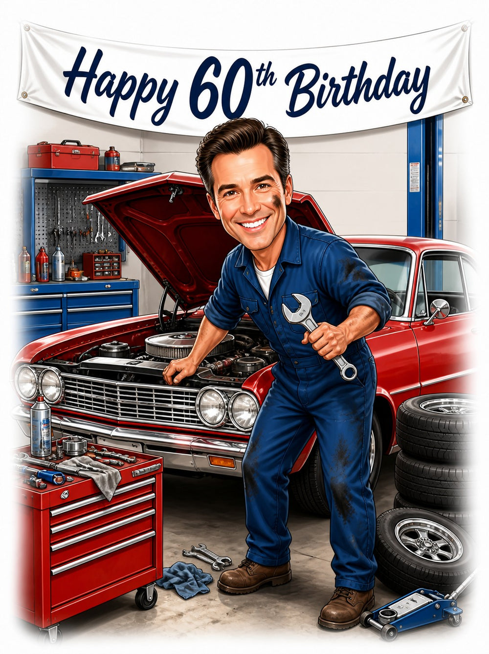 Mechanic birthday caricature with red classic car, wrench, blue coveralls, banner.