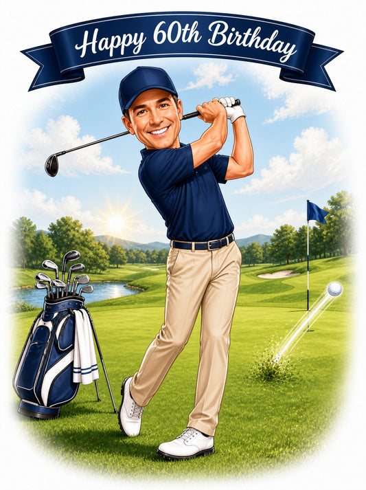 Golfer mid-swing on sunny course with Happy 60th Birthday banner and golf bag.