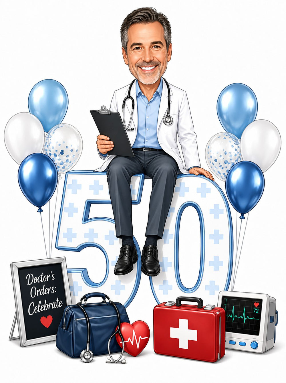 Male doctor caricature sitting on giant age number with stethoscope and balloons.