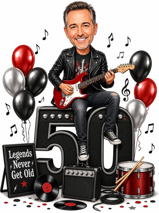 Rock guitarist birthday caricature with man on giant age number and red guitar.