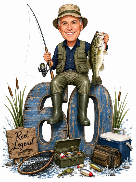 Fisherman on giant 60, holding bass and rod, tackle box and net.