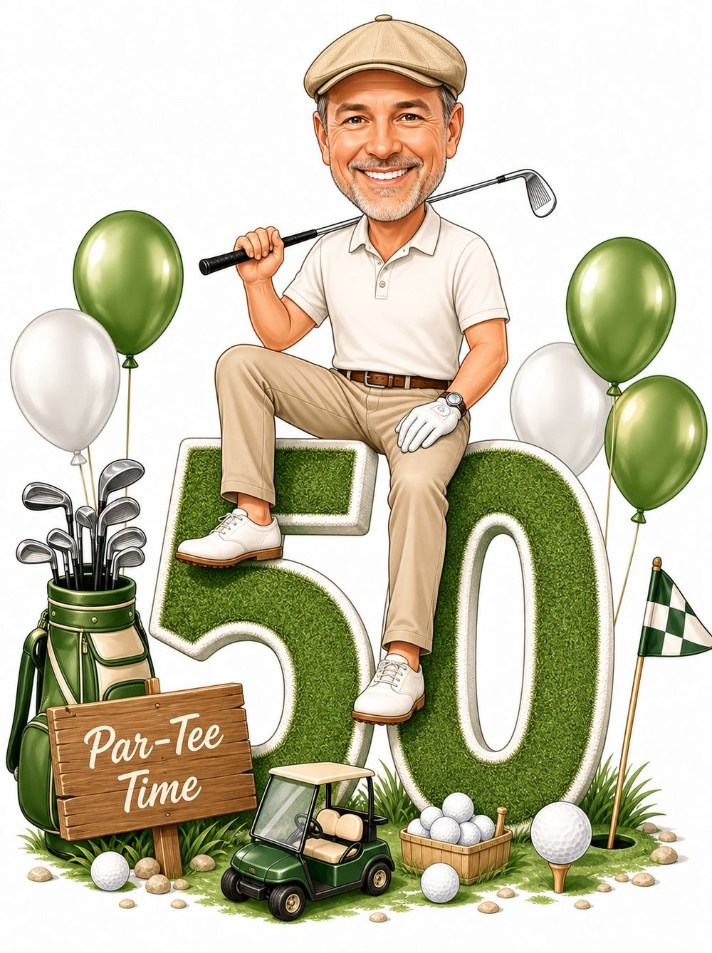 Golfer sits on giant grass 50 with Par-Tee Time sign and balloons