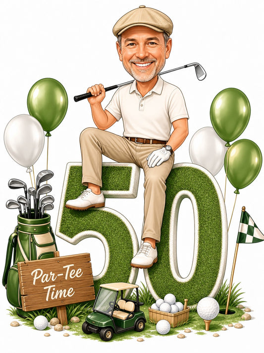 Golfer sits on giant grass 50 with Par-Tee Time sign and balloons