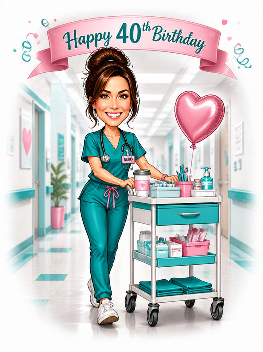 Nurse in teal scrubs pushing cart with pink heart balloon and birthday banner.