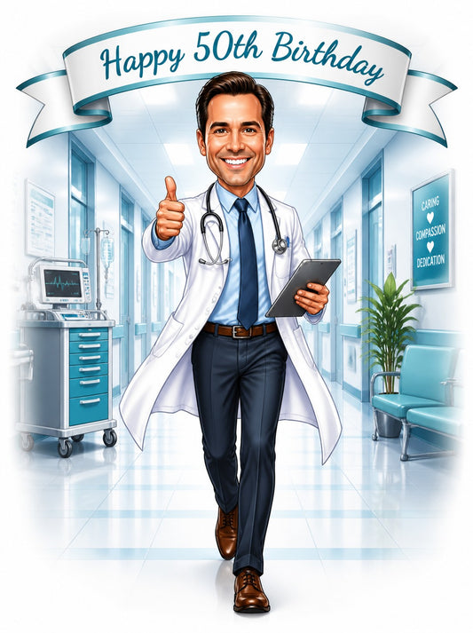 Male doctor in hospital hallway, stethoscope and tablet, thumbs up, Happy 50th Birthday banner