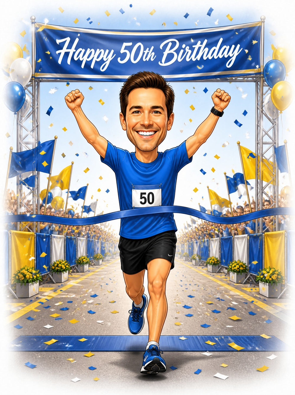 Runner caricature crossing finish line under Happy 50th Birthday banner with confetti