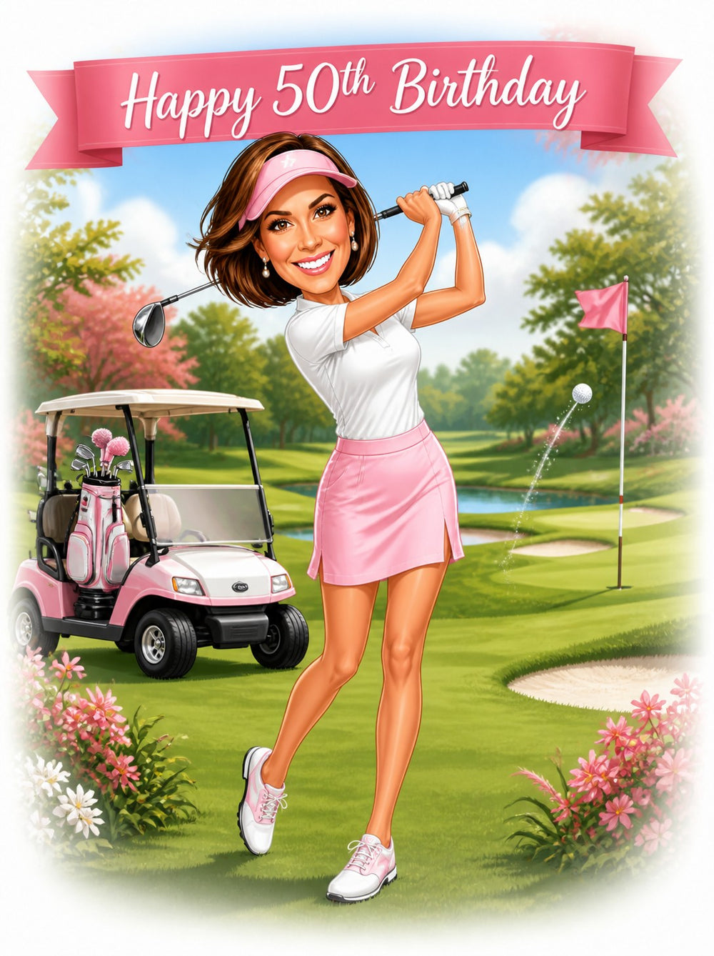 Woman golfer swinging with pink visor and skirt, birthday banner and pink cart.