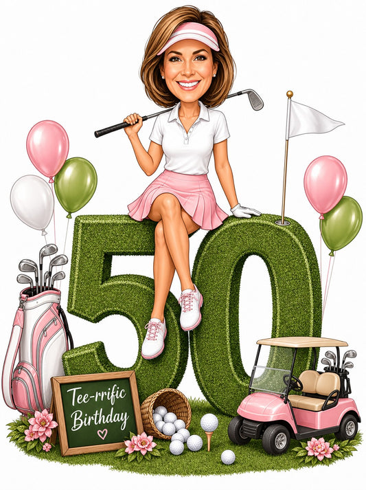 Woman golfer on giant grass 50 with pink cart, balloons, and Tee-rrific Birthday sign.