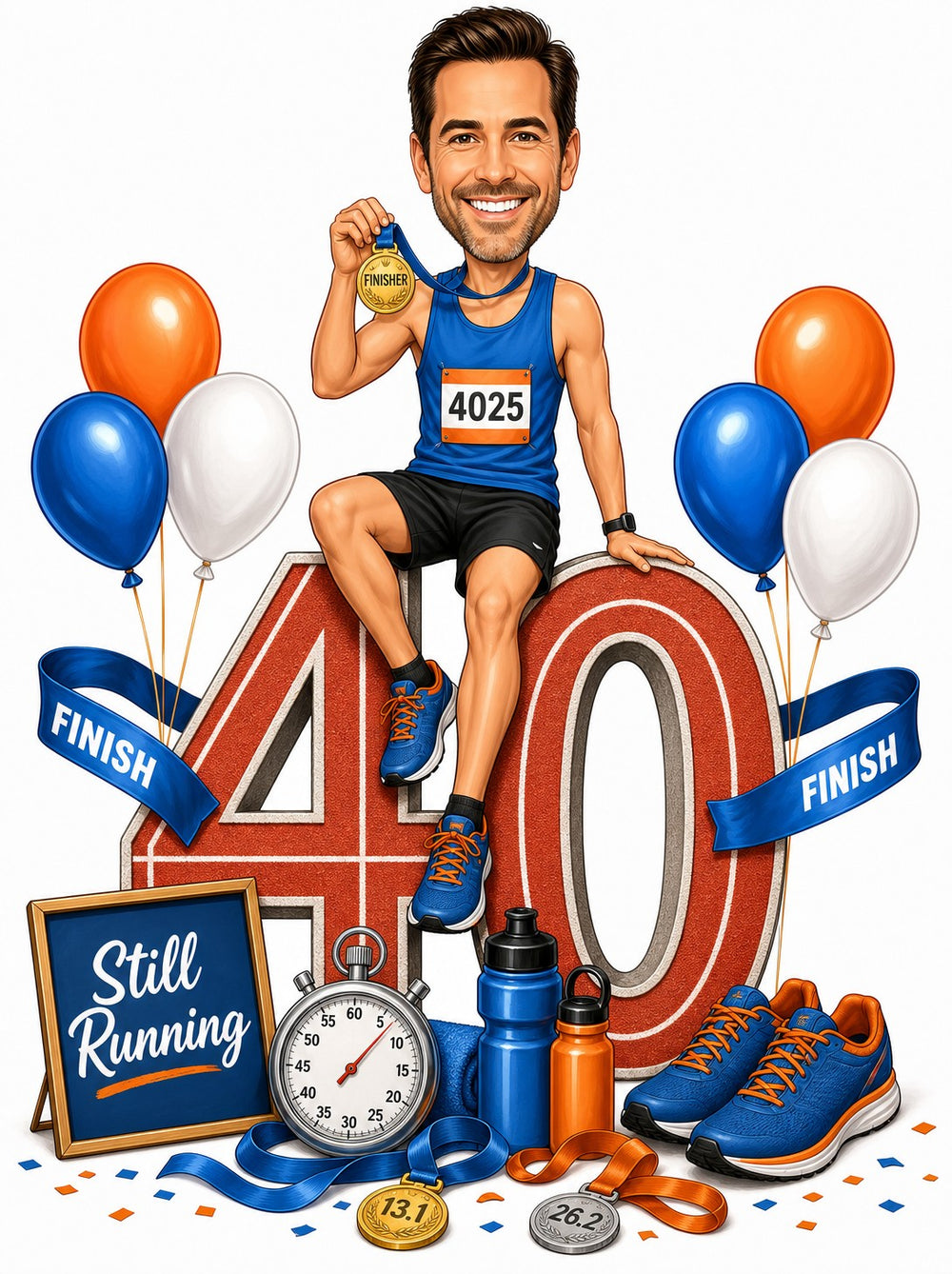 Male runner cartoon sitting on giant 40 with finisher medal and balloons.