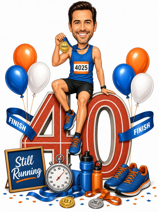 Male runner cartoon sitting on giant 40 with finisher medal and balloons.