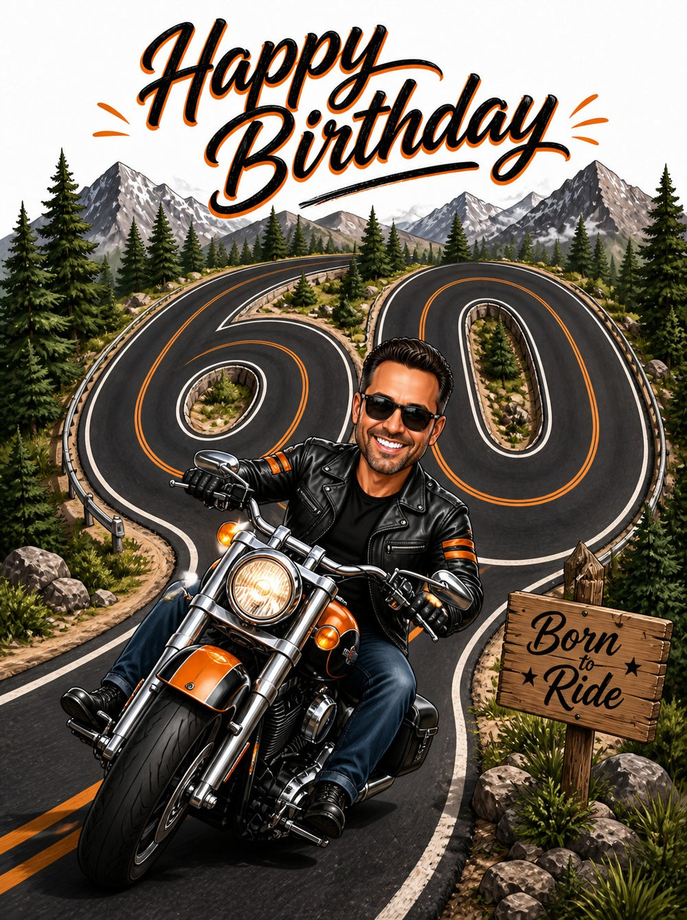 Biker birthday caricature on winding mountain road shaped 60 with Born to Ride sign.